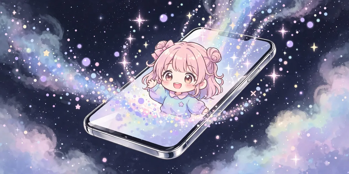 Um celular novo com uma personagem chibi surgindo na tela enquanto um código é inserido. Ilustração.