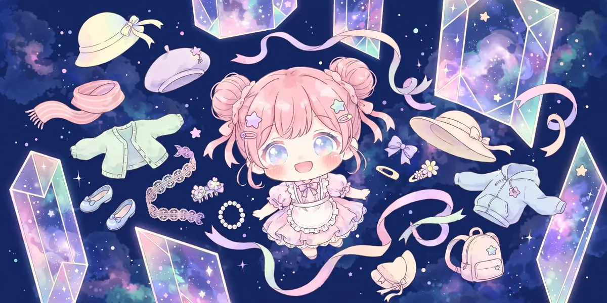 Roupas, acessórios e fundos coloridos com tema espacial ao redor de uma personagem chibi. Ilustração.