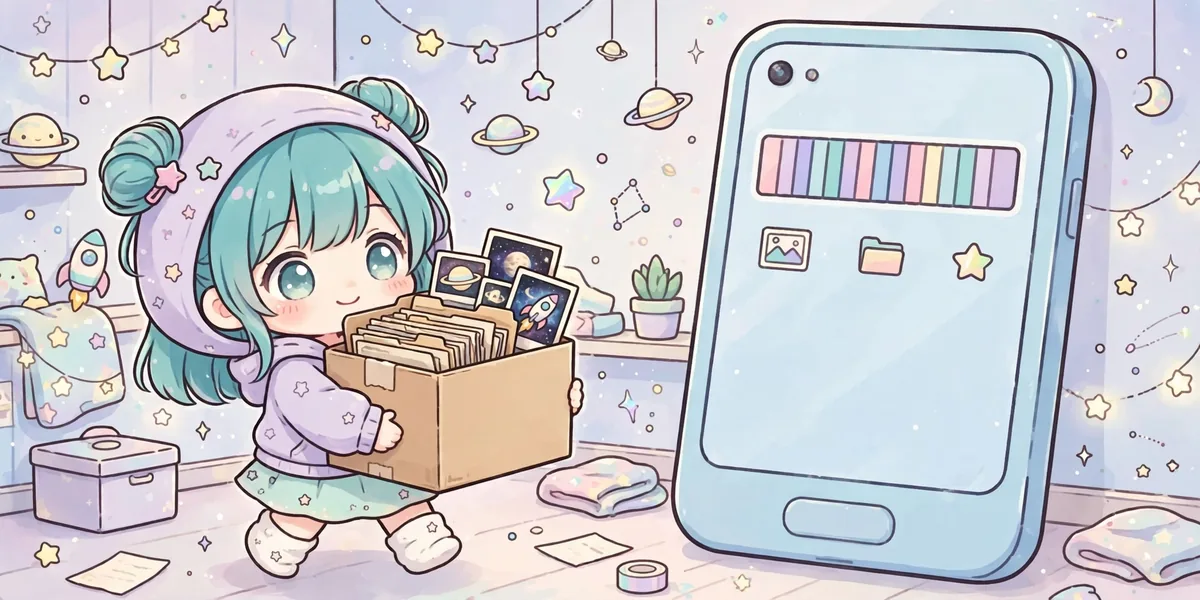 liberar espaco celular instalar gacha nebula Personagem chibi organizando caixas de arquivos ao lado de um celular com a barra de armazenamento quase cheia. Ilustração.