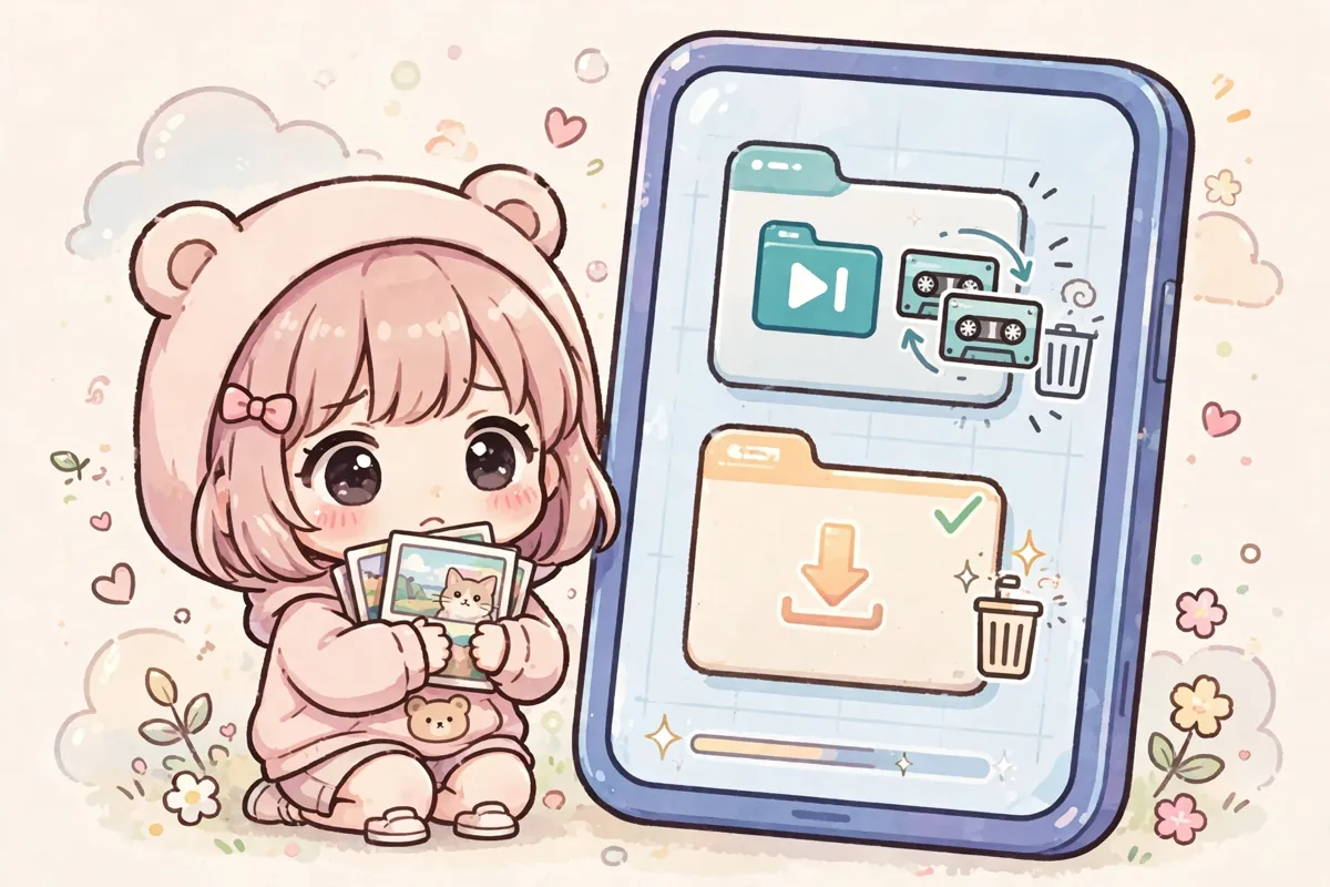 Tela de celular com pastas de vídeos duplicados e downloads antigos sendo removidos, enquanto uma personagem chibi protege suas fotos com as mãos. Ilustração.