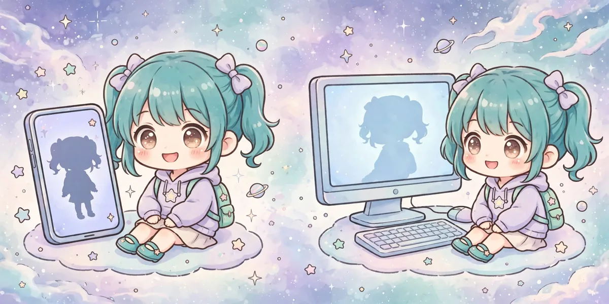 A mesma personagem chibi ao lado de um celular e de um computador, com o design igual nas duas telas. Ilustração.
