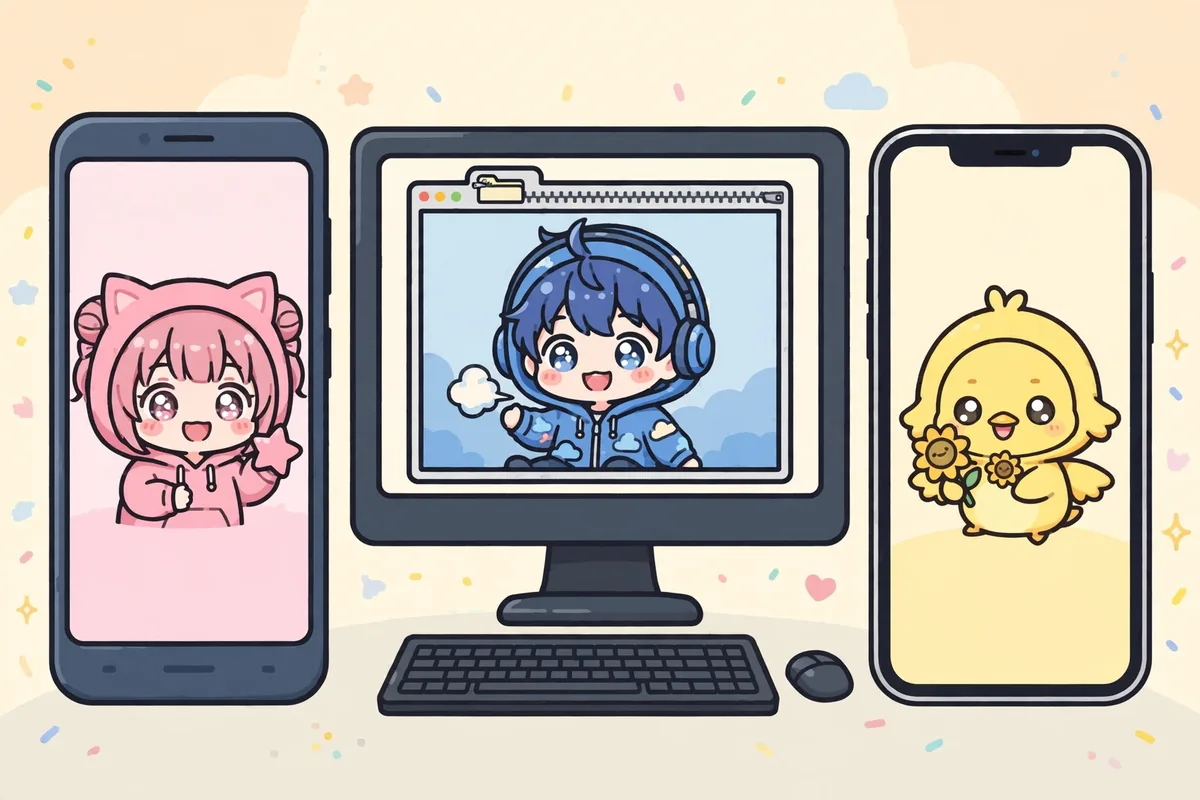 Três aparelhos desenhados em fila, um celular Android, um computador com janela de pasta zipada e um iPhone, cada um com personagens chibi diferentes na tela. Ilustração feita para este guia.
