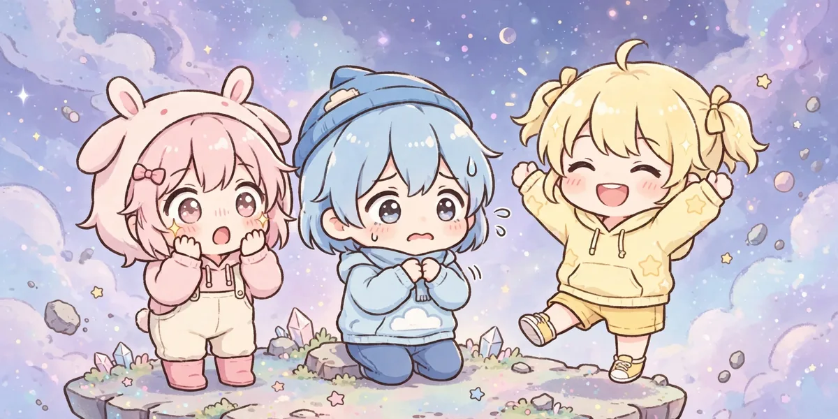 poses diferentes cena grupo gacha nebula Três amigos chibi reagindo à mesma notícia de jeitos diferentes: um surpreso, um preocupado e um animado. Ilustração.