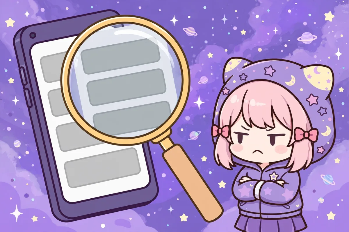 Celular com uma lupa sobre a tela e nenhum resultado de busca, ao lado de uma personagem chibi de braços cruzados. Ilustração feita para este artigo.