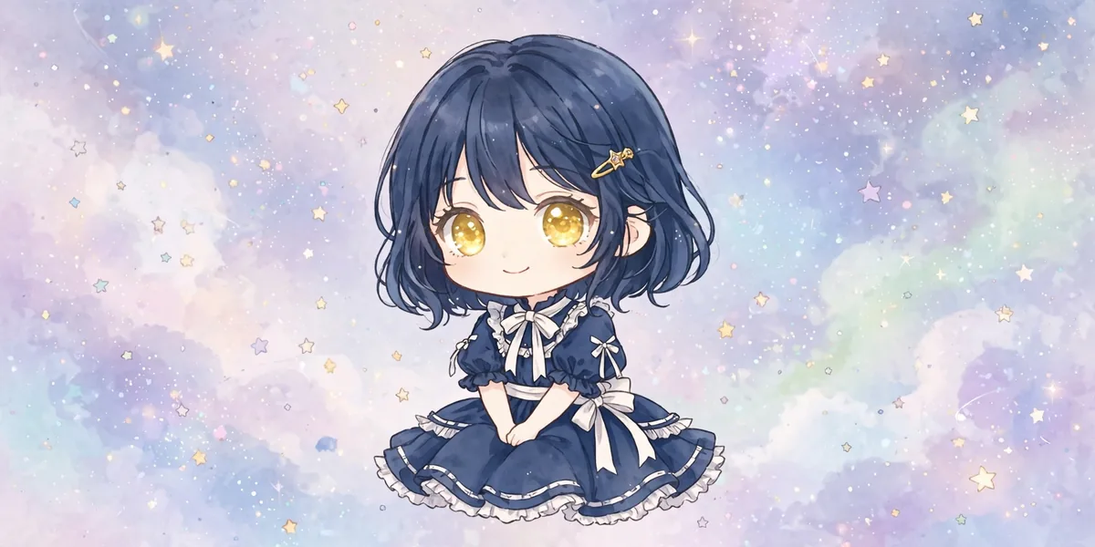 Roupa azul escura como cor principal, detalhes brancos de apoio e olhos dourados em destaque no visual de uma personagem chibi. Ilustração.