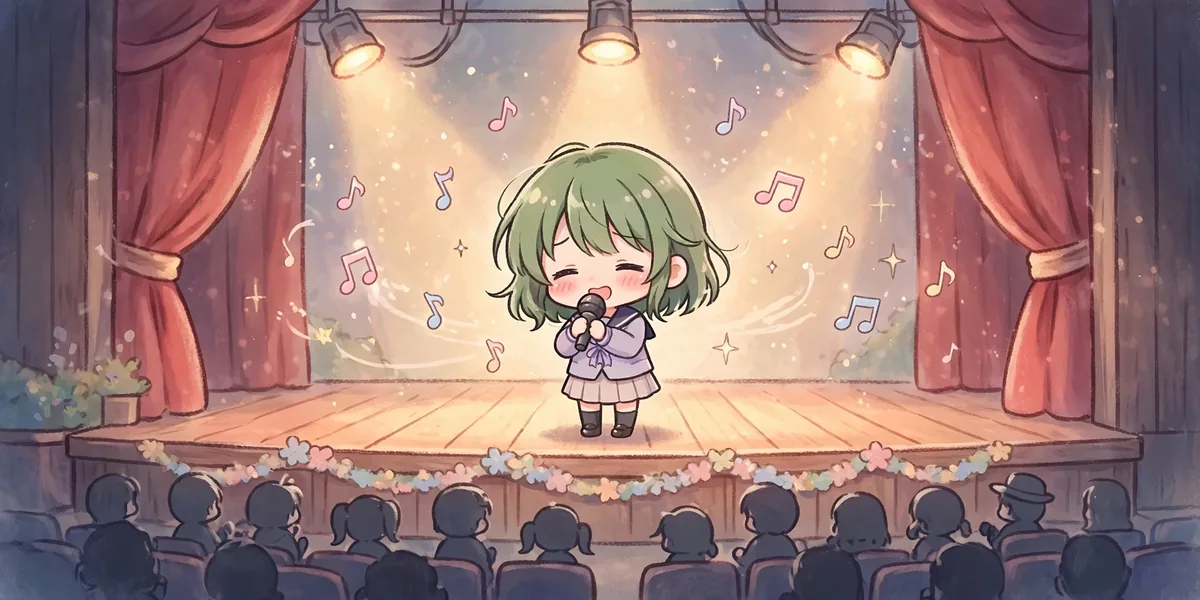 Personagem chibi cantando com um microfone em um palco escolar de cortinas vermelhas, com notas musicais no ar. Ilustração.