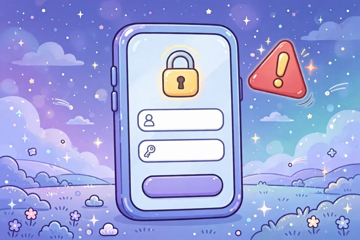 Tela de celular com um formulário de login e um cadeado, com um sinal de alerta vermelho ao lado. Imagem ilustrativa.