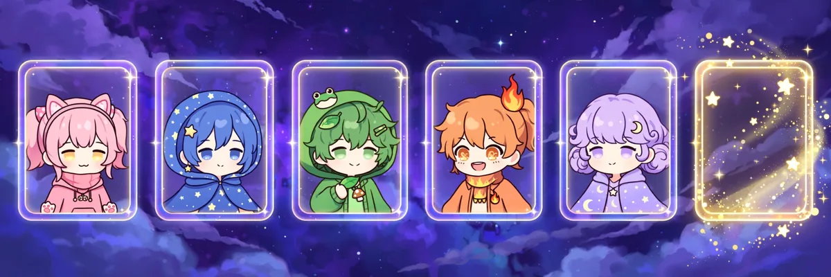 Slots de personagens em estilo Gacha, com um slot novo vazio brilhando em dourado após a atualização. Ilustração.