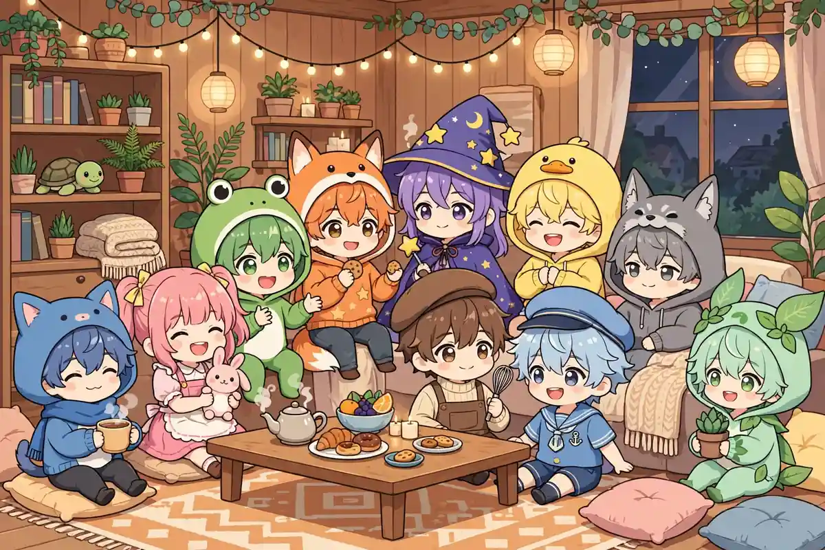 Cena ampla com um grupo grande de personagens chibi conversando em uma sala, todos visíveis ao mesmo tempo no mesmo quadro. Ilustração deste artigo.