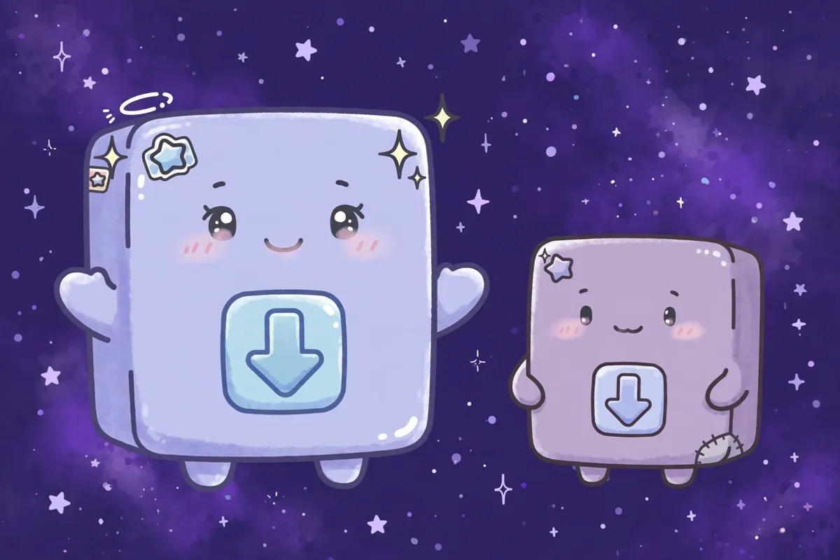 Duas caixas de download desenhadas lado a lado, a maior representando a versão atual e a menor a versão antiga, sobre um fundo espacial roxo. Ilustração feita para este guia.