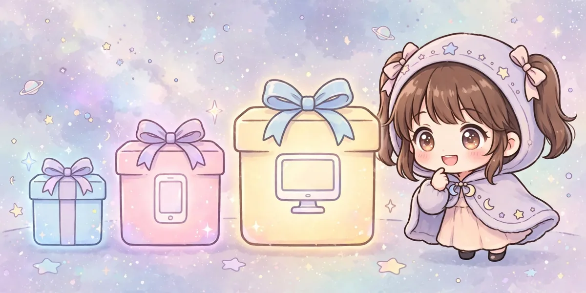 Três caixas de download brilhantes de tamanhos diferentes, uma com celular, uma com computador e uma menor, ao lado de uma personagem chibi. Ilustração.