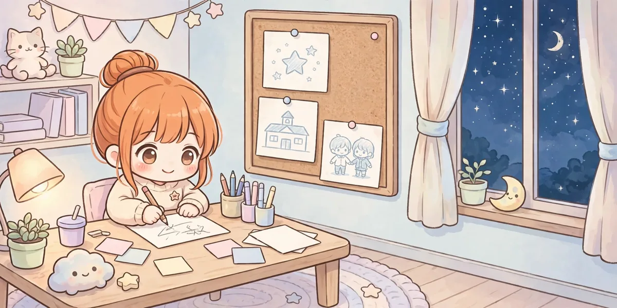 Personagem chibi escrevendo em uma mesa, com um quadro ao lado cheio de desenhos de estrela, escola e amigos, ao transformar a ideia em roteiro. Ilustração.