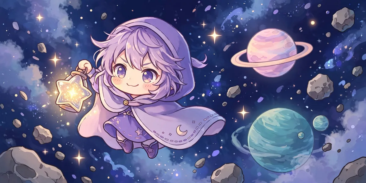Uma guardiã espacial chibi de capa roxa segurando uma lanterna em forma de estrela entre planetas e asteroides. Ilustração.